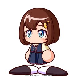  1girl artist_request black_shoes blue_eyes blue_skirt blue_vest brown_hair commentary_request copyright_notice hair_ornament instrument_hair_ornament jikkyou_powerful_pro_yakyuu jikkyou_powerful_pro_yakyuu_(style) multicolored_shoes no_mouth official_art purple_trim rayman_limbs sakisu_kanon shirt shoes short_hair skirt solo two-tone_shoes vest white_background white_shoes yellow_shirt 