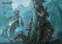  1boy 3girls absurdres architecture arm_tattoo artist_request bird bracelet commentary english_commentary facepaint follower_(identity_v) follower_(serpent)_(identity_v) hair_rings highres holding holding_weapon identity_v jewelry lamia luca_balsa luca_balsa_(the_viper) mesoamerican_architecture mesoamerican_clothes monster_girl multiple_girls necklace official_art palm_tree patricia_dorval patricia_dorval_(guide) smile tattoo tree vest weapon white_hair yidhra_(identity_v) yidhra_(serpent)_(identity_v) 