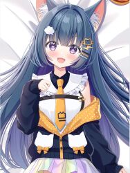  animal_ears collar dakimakura_(medium) dakimakura_(object) fang hair_ornament kazekami_chino lying maimai_(game) necktie on_back open_mouth pillow shama_(maimai) skirt split_mouth star-shaped_pupils star_(symbol) symbol-shaped_pupils violet_eyes white_collar yellow_necktie 