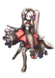  1girl bad_id bad_twitter_id bare_shoulders black_boots black_hair black_tiara boots breasts buttons chaos_dorloto_(grimms_notes) closed_mouth doll_joints forehead_tattoo full_body grimms_notes highres holding holding_sword holding_weapon joints long_hair looking_at_viewer multicolored_hair pink_hair red_eyes red_skirt simple_background skirt solo spiked_tiara split-color_hair striped_clothes striped_thighhighs suzu_chun_chun sword tattoo thigh-highs tiara twintails vertical-striped_clothes vertical-striped_thighhighs weapon white_background 