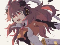  1girl amou_kanade big_hair bodysuit breasts commentary_request debris double-parted_bangs floating_hair hair_between_eyes headgear headphones long_hair motion_blur open_mouth orange_eyes red_hair senki_zesshou_symphogear simple_background small_breasts solo symphogear_pendant torn_bodysuit torn_clothes tsurime upper_body v-shaped_eyebrows white_background xx02219 
