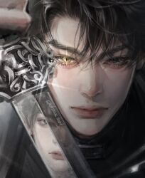  2boys aegyo_sal belt_collar black_coat black_eyes black_hair black_shirt coat collar curtained_hair drawsseal expressionless glint hand_up heterochromia highres holding holding_sword holding_weapon kim_dokja looking_at_viewer male_focus multiple_boys omniscient_reader's_viewpoint open_clothes open_coat popped_collar portrait pov reflective_surface shirt short_hair sword weapon yellow_eyes yoo_joonghyuk 