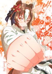  1girl alternate_costume animal_ears belt black_belt blush brown_eyes brown_hair clenched_hands closed_mouth commentary dougi english_commentary hair_between_eyes hair_ornament highres horse_ears horse_girl horse_tail incoming_attack incoming_punch karate karate_gi leoh_fng looking_at_viewer martial_arts_belt multicolored_hair pinwheel pinwheel_hair_ornament punching short_hair solo streaked_hair tail umamusume white_hair yaeno_muteki_(umamusume) 