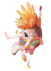  1girl absurdres animal_costume bare_legs barefoot bike_shorts blonde_hair blue_eyes blush candy child food full_body happy highres holding holding_candy holding_food holding_lollipop lollipop onesie open_mouth original others_(gogo-o) shirt simple_background soles teeth upper_teeth_only white_background white_shirt zipper 