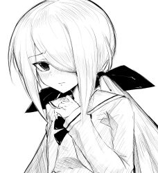  1girl blush breasts chaos;child chest_bow embarrassed hair_over_one_eye hand_up hekiho_academy_school_uniform highres long_hair looking_at_viewer minamisawa_senri monochrome optaku school_uniform science_adventure small_breasts solo twintails 