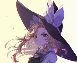  1girl artist_name black_hat black_vest blonde_hair bow braid closed_mouth collared_shirt commentary_request dated green_bow hair_bow hat hat_bow highres kirisame_marisa long_hair looking_at_viewer marisa_day shirt side_braid simple_background single_braid smile solo tami_(joemanyodw) touhou upper_body vest white_bow white_shirt witch_hat yellow_background yellow_eyes 