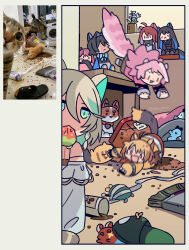  all_fours animal_ears black_hair bobby_(elizabeth_rose_bloodflame) broom cat_ears cecilia_immergreen chattino_(raora_panthera) coat coffee commentary elizabeth_rose_bloodflame english_commentary fongban_illust full_body gigi_murin grem_(gigi_murin) highres hololive hololive_english indoors irys_(hololive) jacket jumping kemonomimi_mode looking_at_viewer messy_room motion_blur mouth_hold mr._squeaks_(hakos_baelz) multicolored_hair nerissa_ravencroft orange_hair orange_jacket otomo_(cecilia_immergreen) ouro_kronii panther_ears panther_girl panther_tail pet_food photo-referenced photo_inset pink_coat pink_hair plant playing potted_plant raora_panthera red_hair reference_inset shelf slippers spill streaked_hair sweatdrop tail twitter_username 