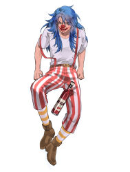  1boy belt belt_buckle blue_eyes blue_hair boots bottle brown_belt brown_boots buckle buggy_the_clown clown clown_nose commentary_request facial_hair full_body goatee hair_between_eyes highres lipstick long_hair looking_at_viewer makeup male_focus multicolored_pants ngumngim one_piece open_mouth pants parted_hair red_pants shirt shoes short_sleeves simple_background sitting socks solo striped_clothes striped_pants striped_socks suspenders tongue tongue_out vertical-striped_clothes vertical-striped_pants white_background white_pants white_shirt 