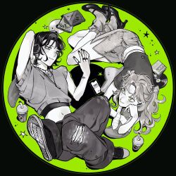  2girls baggy_pants black_background black_nails blush cd cd_case crop_top cup curly_hair dress full_body gem_gemrine green_background green_eyes headphones high_heels highres jewelry kininatteru_hito_ga_otoko_ja_nakatta koga_mitsuki long_hair loose_socks lying monochrome multiple_girls necklace necktie oosawa_aya pants phone pillow ring shoes short_dress short_hair simple_background smile socks sports_bra twintails yuri 