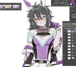  1girl :3 animal_ears aqua_eyes art_program_in_frame athletic_atmos_(ensemble_stars!) black_pants breasts chinese_text clip_studio_paint_(medium) earpiece ensemble_stars! fake_animal_ears genderswap genderswap_(mtf) gloves green_hair hand_up heterochromia iiilovesleeping jacket jacket_partially_removed kagehira_mika looking_at_viewer multicolored_gloves multicolored_jacket multicolored_shirt pants purple_gloves purple_jacket purple_shirt rabbit_ears shirt simple_background small_breasts smile solo two-tone_gloves two-tone_jacket upper_body white_background white_gloves white_jacket white_shirt yellow_eyes 