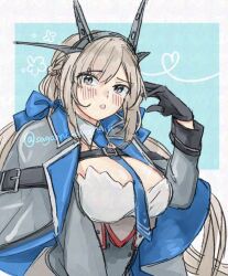  1girl between_breasts black_gloves blue_bow blue_necktie bow braid breasts capelet clothes_between_breasts dress gloves grey_capelet grey_dress grey_eyes grey_hair half_up_braid headgear kantai_collection large_breasts low_twintails maryland_(kancolle) multicolored_capelet necktie necktie_between_breasts sagamiso solo twintails upper_body 