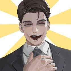  1boy adjusting_clothes adjusting_necktie bags_under_eyes brown_hair business_suit closed_eyes commentary_request facing_viewer formal_clothes goddess_of_victory:_nikke grey_necktie grey_suit hanson_(nikke) highres jacket male_focus mejiro_karasu necktie open_mouth portrait shirt short_hair simple_background sketch smile solo suit sunburst sunburst_background two-tone_background white_background white_shirt yellow_background 