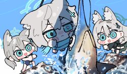  3girls absurdres ahoge animal_ear_fluff animal_ears black_dress black_one-piece_swimsuit blue_archive blue_eyes blue_halo chibi chibi_only commentary_request competition_swimsuit cross cross_hair_ornament dark_halo dress fish fishing fishing_rod grey_hair hair_between_eyes hair_ornament halo hanakonenne highres holding holding_fishing_rod inverted_cross long_hair multicolored_swimsuit multiple_girls official_alternate_costume one-piece_swimsuit shiroko_(blue_archive) shiroko_(swimsuit)_(blue_archive) shiroko_terror_(blue_archive) swimsuit swordfish two-tone_swimsuit wolf_ears wolf_girl 