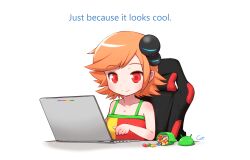  1girl android_(mascot) android_(os) at_computer blonde_hair candy chair computer cot_(cossan) english_text food gaming_chair google google-tan highres jelly_bean laptop original personification red_eyes signature solo swivel_chair white_background 