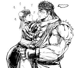  1boy 1girl assertive_female blush bun_cover china_dress chinese_clothes chun-li commentary_request couple double_bun dress hair_bun highres hug korean_commentary lineart looking_at_another muscular muscular_male ryu_(street_fighter) sketch street_fighter tetpyu 