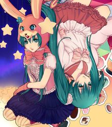  aqua_eyes aqua_hair bonnet bunny_ears cake checkerboard_cookie clone cookie food frills gloves hatsune_miku heart juuya lolita_fashion long_hair lots_of_laugh_(vocaloid) macaron pantyhose pastry school_uniform skirt star twintails upside-down very_long_hair vocaloid 