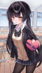  1girl absurdres black_bow black_bowtie black_hair black_jacket black_pantyhose black_skirt blazer blush bow bowtie box cardigan classroom collared_shirt commentary_request cowboy_shot eyelashes fingernails hazumi071005 heart-shaped_box highres incoming_gift indoors jacket lapels layered_sleeves long_hair long_sleeves looking_at_viewer miniskirt nail_polish notched_lapels open_clothes open_jacket open_mouth original pantyhose parted_bangs pleated_skirt purple_bow red_nails school_uniform shirt skirt solo standing twintails valentine very_long_hair white_shirt window yellow_cardigan yellow_eyes 