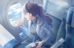 1girl :d airplane_interior black_sweater breasts brown_hair cellphone cowboy_shot earrings fujishima_megumi fujishima_megumi_(post-graduation_casual) game_asset grey_jacket grey_skirt grey_suit heart heart_earrings heart_necklace highres holding holding_phone jacket jewelry listening_to_music long_hair looking_outside love_live! love_live!_hasu_no_sora_jogakuin_school_idol_club medium_breasts necklace non-web_source official_art open_clothes open_jacket open_mouth phone pleated_skirt self-datamine sitting skirt skirt_suit smartphone smile solo stud_earrings suit sweater turtleneck turtleneck_sweater violet_eyes virtual_youtuber vital_sign_(love_live!) wireless_earphones 