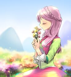  1girl blue_sky blurry blurry_background blush braid closed_eyes closed_mouth commentary cowboy_shot cropped_jacket crown_braid day english_commentary field fingernails flat_chest flower flower_field fluttershy fluttershy_(equestria_girls) frilled_sleeves frills from_side green_shirt hair_over_shoulder hands_up highres holding holding_flower jacket leaf light_particles long_hair long_sleeves mountainous_horizon my_little_pony my_little_pony:_equestria_girls my_little_pony:_friendship_is_magic open_clothes open_jacket outdoors own_hands_together pencil_skirt pink_flower pink_hair pink_jacket pink_skirt profile purple_flower quizia raised_eyebrows shirt single_braid sitting skirt sky sleeveless sleeveless_jacket solo u_u yellow_flower 