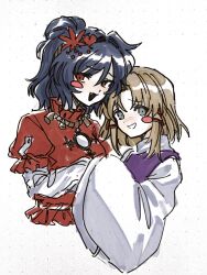  2girls :d ame_iru blonde_hair blue_eyes blue_hair blush commentary fang grin highres long_sleeves looking_at_viewer maple_leaf_hair_ornament medium_hair missing_headwear moriya_suwako multiple_girls own_hands_together parted_lips ponytail purple_vest red_eyes red_shirt shirt sidelocks smile touhou untranslatable_commentary upper_body vest white_sleeves wide_sleeves yasaka_kanako 