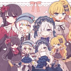 4girls :d ;d black_boots black_bow black_hair black_shoes black_skirt blonde_hair blue_dress blue_eyes blue_hairband blue_hat blue_skirt blunt_bangs boots bow breasts chibi closed_mouth collared_shirt cowboy_shot dress flower grey_shirt hair_bow hair_flower hair_ornament hair_over_one_eye hairband hand_up hat jogasaki_noah large_breasts long_hair long_sleeves looking_at_viewer mahou_shoujo_no_majo_saiban mole mole_under_eye multicolored_hair multiple_girls natsume_an-an neck_ribbon nikaido_hiro official_alternate_costume one_eye_closed open_mouth outline red_eyes red_flower red_shirt ribbon saeki_miria shirt shoes skirt smile socks standing toruriri0718 very_long_hair violet_eyes white_hair white_outline white_socks 