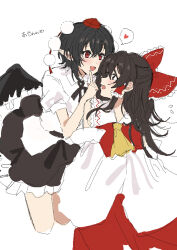  2girls ascot bird_wings black_hair black_wings blush bow brown_eyes brown_hair commentary_request detached_sleeves frilled_bow frilled_hair_tubes frilled_skirt frills hair_bow hair_tubes hakurei_reimu hat heart highres jyazo_pic long_hair multiple_girls open_mouth pointy_ears pom_pom_(clothes) puffy_short_sleeves puffy_sleeves red_bow red_eyes red_hat red_skirt shameimaru_aya shirt short_hair short_sleeves simple_background skirt skirt_set smile spoken_heart tokin_hat touhou translation_request white_shirt wings yellow_ascot yuri 