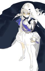  1girl ascot cape dress fate/grand_order fate_(series) full_body hair_between_eyes hair_ornament hairclip highres holding holding_sword holding_weapon long_hair long_sleeves looking_at_viewer melusine_(fate) qiminghaonan99820 shoes simple_background solo standing sword weapon white_background white_hair yellow_eyes 