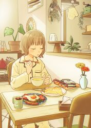  1girl bacon blowing blunt_bangs blush_stickers book bookmark breakfast breast_pocket brown_hair butter buttons chair choppy_bangs closed_eyes coffee coffee_mug commentary_request counter cup flat_chest flower food fork fried_egg highres holding holding_cup holding_spoon indoors knife leaf matsumine_(twin-mix) mug on_chair open_mouth original oven_mitts pajamas pancake pants plant plate plate_stack pocket potted_plant red-framed_eyewear red_flower sausage shelf short_hair sidelocks sitting solo spoon table teapot unworn_eyewear vase white_pajamas white_pants wooden_table yellow_flower 