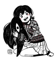  1girl :d artist_name bare_legs blush bright_pupils character_doll christmas_sweater commentary doll dot_nose double-parted_bangs earrings english_commentary fingernails flat_chest full_body greyscale hair_behind_ear hair_between_eyes hand_up high_contrast highres holding holding_doll jewelry kneehighs light_bulb long_hair long_sleeves looking_at_viewer mari_(faraway)_(omori) mari_(omori) miniskirt monochrome omori open_mouth osulan pleated_skirt puffy_long_sleeves puffy_sleeves round_teeth seiza simple_background sitting skirt slippers smile socks solo something_(omori) spot_color straight_hair sweater tareme teeth tongue upper_teeth_only very_long_hair white_background wide-eyed 