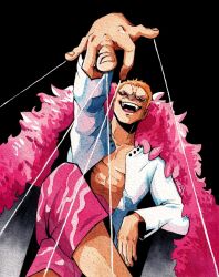  1boy black_background blonde_hair capri_pants coat commentary crossed_legs donquixote_doflamingo english_commentary from_below highres leg_hair male_focus one_piece open_clothes open_mouth open_shirt painting_(medium) pants pink_coat pink_pants rnbwtrout shirt short_hair sitting smile sunglasses teeth thread traditional_media upper_teeth_only watercolor_(medium) white_shirt 