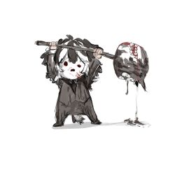  1boy absurdres animal_ears black_hair black_necktie black_pants black_suit blood blood_from_mouth dog_ears dog_tail e.g.o_(project_moon) hammer highres holding holding_hammer kisaaka lobotomy_corporation mask multicolored_hair necktie pants project_moon schna_jang simple_background smile_(e.g.o) solo streaked_hair suit tail white_background white_streaks 