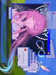  1girl ;) amphoreus_(honkai:_star_rail) commentary cursor cyrene_(demiurge)_(honkai:_star_rail) cyrene_(honkai:_star_rail) diamond-shaped_pupils diamond_(shape) dress error_message finger_to_mouth halo highres honkai:_star_rail honkai_(series) kare_u_don long_hair microsoft_windows mobius_strip one_eye_closed pink_hair quill shushing smile solo symbol-shaped_pupils very_long_hair violet_eyes white_dress 
