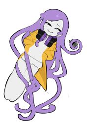  1girl absurdres bare_legs bnm6517 floating half-closed_eyes headphones highres jacket long_hair looking_to_the_side mp3_player open_clothes open_jacket original pale_skin purple_hair shirt simple_background skirt smirk tangled tentacle_hair white_shirt yellow_jacket 