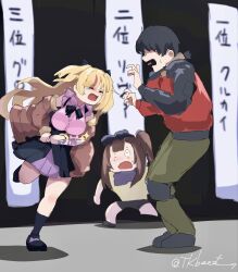  1girl 2girls basti_(girls'_frontline_2) black_hair blonde_hair brown_eyes commander_(girls'_frontline) crying girls'_frontline_2:_exilium girls_frontline goggles goggles_on_head highres holding holding_knife knife long_hair mayling_shen_(girls'_frontline_2) mk23_(girls'_frontline) multiple_girls short_hair streaming_tears tears todoroki_mushi 