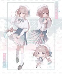  1girl :< aqua_bow aqua_bowtie aqua_gem aqua_shoes aqua_skirt aqua_streaks bow bow-shaped_hair bowtie braid brooch brown_hair buttons capelet center_frills chibi chibi_inset closed_mouth collared_capelet commission cropped_legs floating_clothes floating_hair frills full_body gem hair_intakes hair_ornament hairclip halftone hand_in_own_hair hat hat_bow heart highres indie_virtual_youtuber jewelry kneehighs long_braid long_hair long_sleeves looking_at_viewer medium_skirt merry-san multicolored_hair multiple_views nishimiya_aki_(vtuber) ring shirt shirt_tucked_in shoes side_braid sidelocks skeb_commission skirt socks standing streaked_hair twirling_hair two-tone_hair very_long_hair violet_eyes virtual_youtuber walking watermark watermark_grid white_capelet white_hat white_shirt white_socks wind 