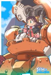  1girl artist_name black_jacket brown_hair cockpit commentary cropped_jacket cup day disposable_cup drinking drinking_straw gloves green_eyes highres holding holding_cup jacket mecha medium_hair mega_man_(series) mega_man_legends_(series) open_clothes open_cockpit open_jacket outdoors pink_gloves pink_shirt puffy_short_sleeves puffy_sleeves robot shirt shisui short_sleeves sideways_glance sitting solo tron_bonne_(mega_man) v-shaped_eyebrows 