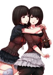  2girls absurdres amakura_mayu amakura_mio bandaged_leg bandages belt belt_buckle black_belt black_camisole black_hair black_leggings black_shirt black_skirt bob_cut breasts brown_camisole brown_eyes brown_shirt buckle buttons camera camisole camisole_over_clothes cheek-to-cheek commentary_request fatal_frame fatal_frame_ii:_crimson_butterfly feet_out_of_frame fingernails frilled_camisole frilled_sleeves frills hands_up heads_together highres holding holding_camera hug hug_from_behind invisible_chair layered_skirt leggings looking_ahead looking_at_viewer medium_breasts miniskirt mononoke_(pixiv53597254) multiple_girls parted_lips red_ribbon ribbon seiza shirt short_hair short_sleeves siblings simple_background sisters sitting skirt three-quarter_sleeves twins variant_set white_background white_skirt 