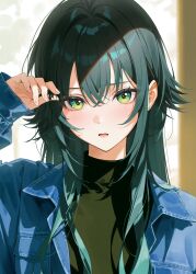  1girl absurdres blue_jacket blush crossed_bangs denim denim_jacket enu_illustip gakuen_idolmaster green_eyes green_hair green_sweater hair_flaps hair_intakes highres idolmaster jacket long_hair looking_at_viewer parted_lips portrait sidelocks sleeves_past_wrists solo sweater tsukimura_temari turtleneck turtleneck_sweater 