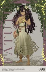  1girl barefoot blue_eyes border brown_border brown_hair character_name character_signature closed_mouth commentary conch dark-skinned_female dark_skin english_text fatutu flower fragrance_(freakyduck9000) full_body grass grey_background hair_flower hair_ornament halter_shirt halterneck hibiscus highres jewelry leaf_hair_ornament legs_apart long_hair long_skirt looking_at_viewer necklace reverse:1999 shell shell_bracelet shell_necklace shirt skirt sleeveless sleeveless_shirt solo tree white_flower white_shirt white_skirt 