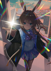  1girl :| absurdres amiya_(arknights) animal_ears aqua_eyes arknights arm_up ascot black_coat brown_hair brown_pantyhose chinese_commentary closed_mouth clouds coat commentary_request highres liangle_(13777171889) long_hair open_clothes open_coat pantyhose pleated_skirt purple_ascot rabbit_ears shirt sidelocks skirt sky solo standing twilight 