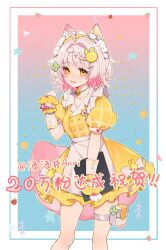  1girl ahoge animal_ear_fluff animal_ears animal_hands apron artist_request bell blush bow buttons character_name chinese_commentary chinese_text clipboard collarbone collared_dress commentary_request cowboy_shot double-breasted dress flower fox_ears fox_tail gradient_background green_flower hair_flower hair_ornament highres holding holding_clipboard houou_project maid_headdress milestone_celebration mole mole_under_each_eye mole_under_eye multicolored_hair multiple_moles name_tag neck_bell official_art open_mouth partial_commentary pearl_choker pink_streaks plaid_clothes pouch puffy_short_sleeves puffy_sleeves rabbit_hair_ornament second-party_source short_hair short_sleeves solo streaked_hair suzui_anri tail thigh_pouch translated virtual_youtuber waist_apron white_apron white_bow white_hair wrist_cuffs yellow_eyes 