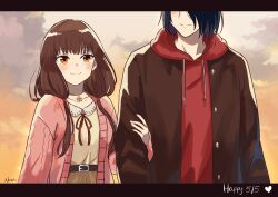  1boy 1girl alternate_costume black_hair blush brown_eyes brown_hair brown_jacket brown_skirt closed_mouth highres hood hoodie iino_miko ishigami_yuu jacket kaguya-sama_wa_kokurasetai_~tensai-tachi_no_renai_zunousen~ long_hair looking_at_another nana_(7kah) neck_ribbon open_clothes open_jacket pink_jacket red_hoodie red_ribbon ribbon skirt smile 