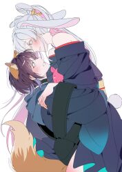  2girls absurdres animal_ears bare_shoulders black_hair blue_hair blue_hoodie blush cho_kaguya-hime! commentary_request fox_ears fox_tail from_side grey_hair halterneck highres hood hoodie illusion_moon korean_commentary long_hair long_sleeves looking_at_another lop_rabbit_ears multicolored_hair multiple_girls pink_hair rabbit_ears runami_yachiyo sakayori_iroha short_hair simple_background tail two-tone_hair very_long_hair white_background yuri 