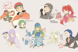  3girls 5boys aper armor blonde_hair blue_hair book chinese_commentary chinese_text circlet commentary_request eyepatch fire_emblem fire_emblem:_path_of_radiance green_eyes green_hair grin haar_(fire_emblem) helmet highres holding holding_book holding_polearm holding_weapon ilyana_(fire_emblem) jill_(fire_emblem) long_hair multiple_boys multiple_girls multiple_views naesala_(fire_emblem) nephenee_(fire_emblem) pointy_ears polearm ponytail purple_hair red_eyes red_hair reyson_(fire_emblem) short_hair smile sothe_(fire_emblem) tormod_(fire_emblem) translation_request violet_eyes weapon wings yawning 