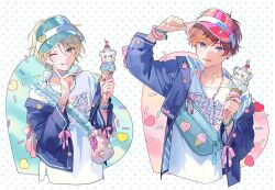  2boys adjusting_clothes adjusting_headwear alternate_costume amagi_hiiro arm_up bandaid bandaid_on_hand blonde_hair blue_eyes cherry closed_mouth commentary cropped_torso ensemble_stars! eyes_visible_through_hair food fruit green_eyes hands_up heart holding holding_food holding_ice_cream ice_cream index_finger_raised jacket jewelry layered_clothes long_sleeves looking_at_viewer male_focus mc_copycat multiple_boys necklace one_eye_closed open_clothes open_jacket open_mouth polka_dot polka_dot_background red_hair shiratori_aira_(ensemble_stars!) short_hair smile sprinkles star_(symbol) tongue tongue_out untranslatable_commentary visor_cap 