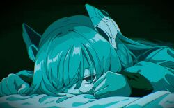  1girl fujinoki_(horonabe-ken) headgear highres indie_virtual_youtuber jacket long_hair long_sleeves looking_at_viewer lying on_stomach portrait solo somunia virtual_youtuber 