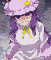  1girl absurdres alternate_costume bespectacled blue_bow book bow bowtie breasts closed_mouth commentary_request crescent crescent_hat_ornament dress glasses grey_dress hair_bow hat hat_ornament highres large_breasts looking_at_viewer mob_cap okeyadeokya patchouli_knowledge pink_hat purple_hair red_bow round_eyewear shaded_face sitting solo touhou violet_eyes yellow_bow yellow_bowtie 