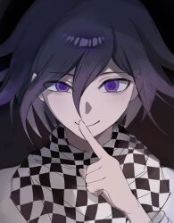  1boy black_background black_hair checkered_clothes checkered_scarf closed_mouth commentary_request danganronpa_(series) danganronpa_v3:_killing_harmony finger_to_mouth flipped_hair hair_between_eyes half-closed_eye hand_up highres index_finger_raised looking_at_viewer male_focus mo84 oma_kokichi portrait purple_hair ringed_eyes scarf short_hair shushing simple_background smile smirk solo two-tone_scarf violet_eyes 