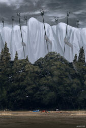  6+others ambiguous_gender clouds covered_face giant grey_sky highres holding holding_staff hunched_over monokubo multiple_others original other_focus outdoors overcast rain realistic scenery sky staff tree twitter_username 
