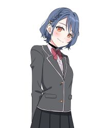  1girl black_jacket black_skirt blazer blue_hair bow bowtie braid closed_mouth collared_shirt commentary cowboy_shot flipped_hair hair_bow highres idgukgu jacket kurumibashi_school_uniform looking_at_viewer love_live! love_live!_hasu_no_sora_jogakuin_school_idol_club love_live!_hasu_no_sora_jogakuin_school_idol_club_bloom_garden_party orange_eyes pleated_skirt red_bow red_bowtie reisawa_aoi school_uniform shirt short_hair side_braid simple_background skirt slit_pupils smile solo undershirt white_background white_shirt yellow_bow 